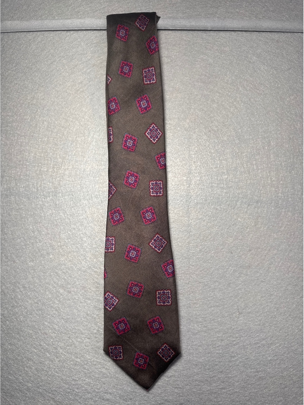 Scott Reed Men's Brown Tie with Pink and Purple Geometric Pattern